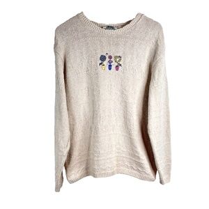 Vintage 90s Granny Sweater M Embroidered Birds Floral Cottage Cream Winter Knits